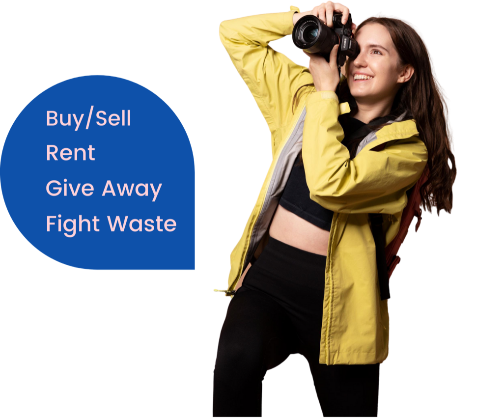 A photo of a woman with a camera with the words Buy/Sell, Rent, Give Away and Fight Waste